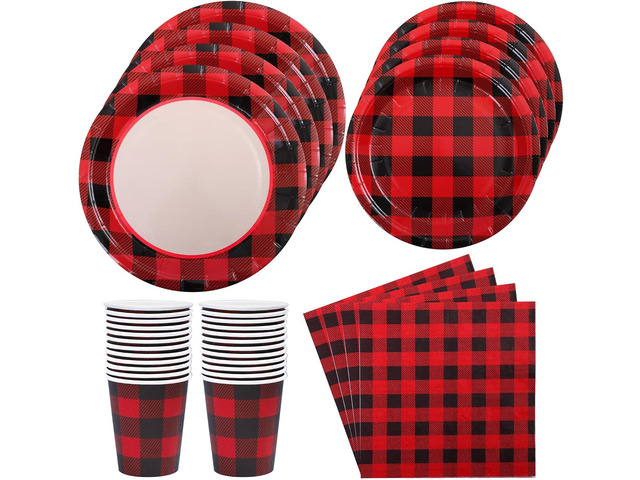 Aneco 122 Pieces Red and Black Buffalo Plaid Party Supplies Disposable Party Tableware Set 7 and 9 Inches Paper Plates Cups Napkins for 24 Guests