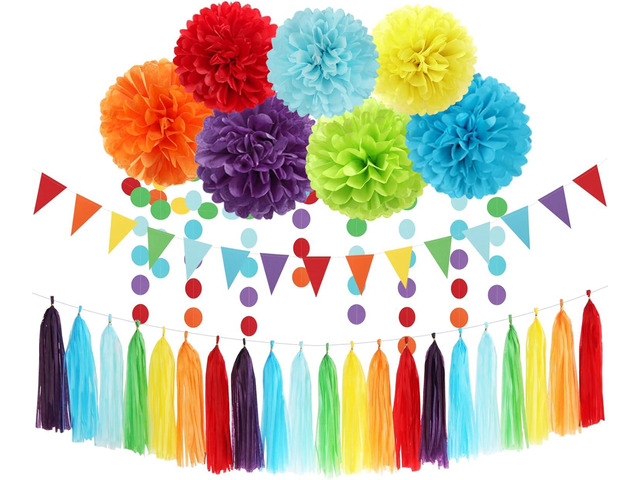 Rainbow Red-Orange Green-Blue Purple Party-Decorations - 30pcs Tissue Pom Poms Streamers, Colorful Theme Tassel Garland Banner, Boy Girl Kids...