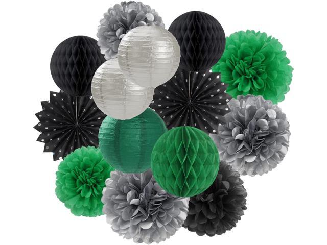 Black-Green Silver Party-Decorations Streamers Lanterns - 14pcs Graduation 2026 Paper Lanterns Fan,Tissue Pom Poms Streamer,Honeycomb Balls,Soccer.