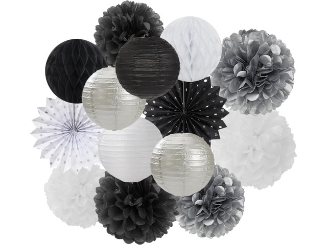 Black White Silver Party-Decorations Streamers-Lanterns - 14pc New Years Graduation 2025 Paper Fan, Bachelorette Birthday Wedding Baby Bridal...