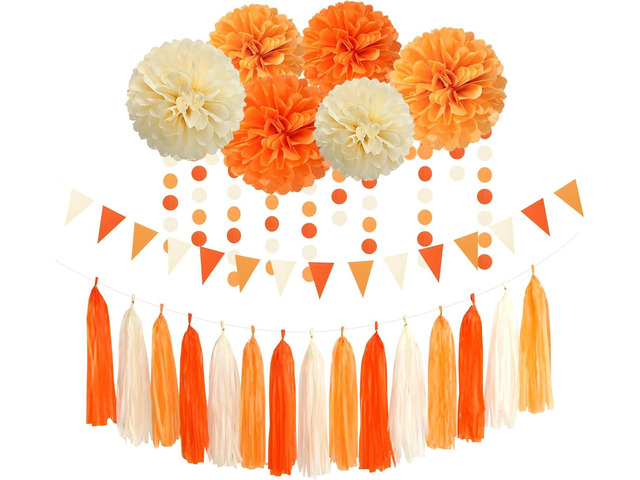 Orange Beige Fall Baby-Shower Party-Decorations - 23pcs Autumn Harvest Thanksgiving Tissue Pom Poms Streamers, Boho Birthday Bridal Wedding...