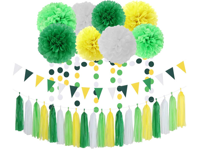 Yellow Green White Party Decorations - 30pcs Tissue Pom Poms Streamers,Spring Summer Wedding Engagement Tassel Garland Banner,Graduation Birthday...