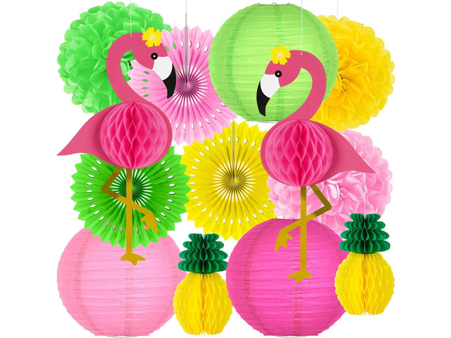 Heartome 13PCS Hawaiian Party Decorations, Luau Party Decorations, Flamingo and Pineapple Honeycomb Paper Flowers Fans and Ball Lanterns for Summer...