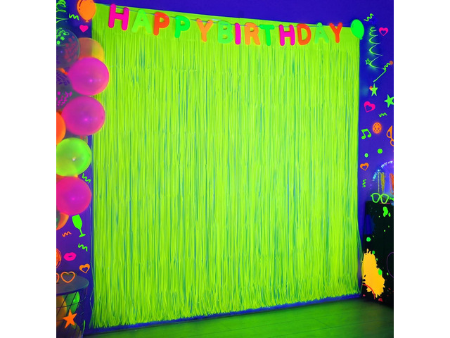 Mega-L Glow in The Dark Party Supplies, Neon Party Decorations, 2 Pack 6.6x6.6 ft Fluorescent Green Foil Fringe Curtains, Glow Photo Backdrop for...