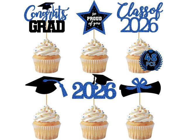 48 PCS Grad Cupcake Toppers, 6 Styles Graduation Cake Topper, Congrats Graduation Decorations 2026, Glittery Black and Blue Cap and Diploma Cake...