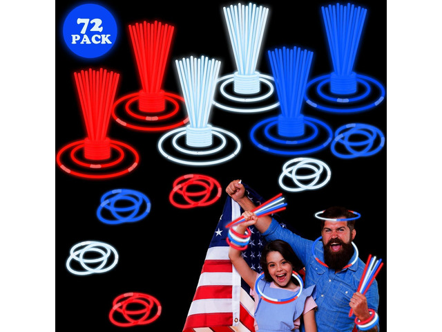 Fourth of July Memorial Day Accessories for Kids, 72 PCS Red White Blue Glow Sticks Party Favors Supplies, Patriotic Treat Goodie Gift Bag...