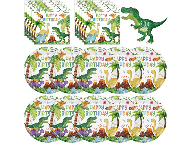 40 Pcs Dinosaur Plates and Napkins Sets - Happy Birthday Dino Party Supplies Tableware, Watercolor Disposable Paper Plates Napkins Kit for Dinosaur...