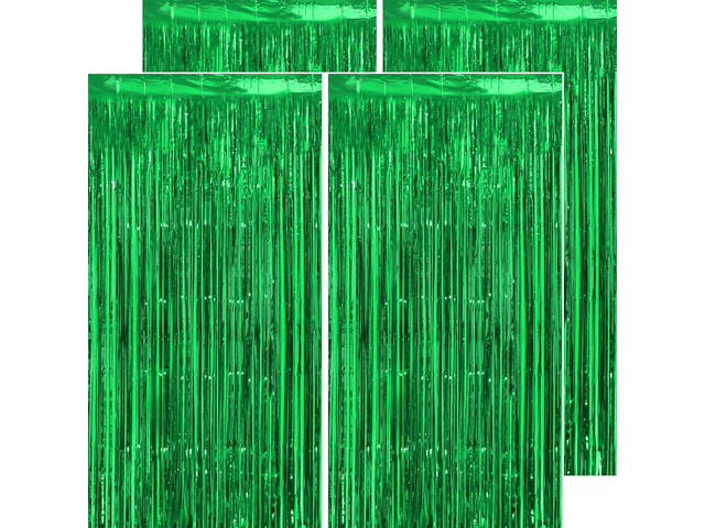 Thicken Green Streamers 4 Pack 13.2x8.2 FT, Tinsel Backdrop Curtains, Foil Fringe Photo Backdrop for Dinosaur Birthday, Football, Jungle,...