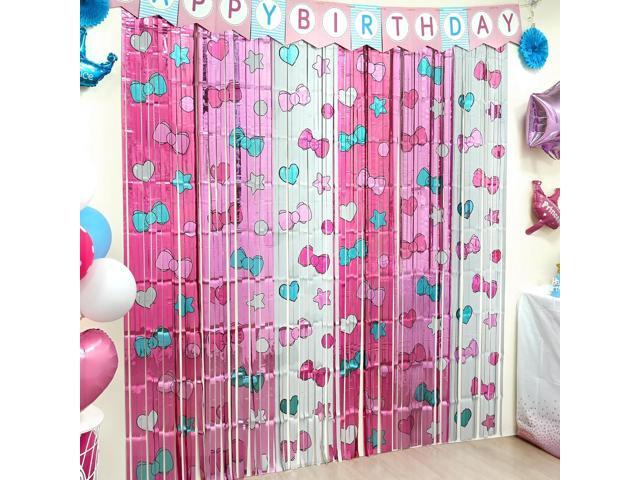 Bupelo Kawaii Birthday Decorations, 2 Pack Cartoon Cat Theme Party Supplies, 3.3 x 6.6ft Tinsel Foil Fringe Curtains, Bow Photo Booth Props,.