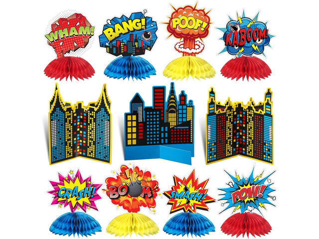 Funrous 11 Pieces Hero Party Decoration Hero Honeycomb Centerpieces 3D Table Topper Paper Large Word Centerpieces Fun Action Sign Standing Card for...