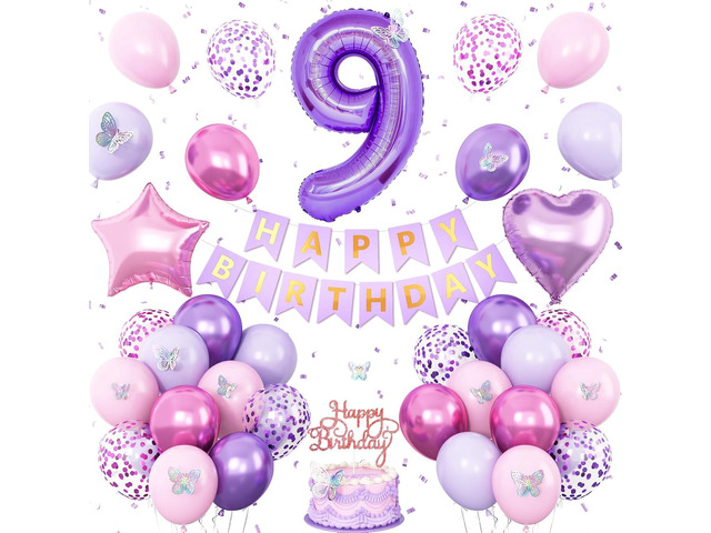 9th Birthday Decorations for Girl,Pink Purple 9th Butterfly Party Decorations 9 Birthday Balloons Pink Purple Banner Number 9 Balloons Cake Topper...