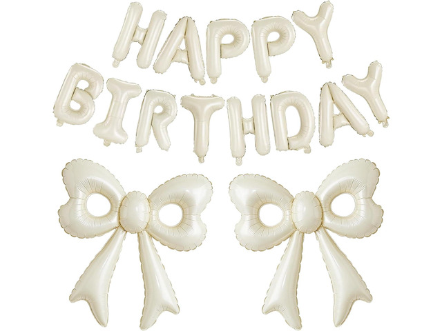Cream Happy Birthday Balloons, 31Huge Beige Bow Aluminum Foil Balloon Banner for Girl Woman Birthday, Princess, Boho Party Decorations Supplies