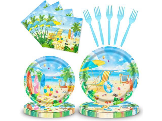 96 Pieces Summer Beach Tableware Set Party Supplies - Tropical Themed Disposable Dinnerware with Paper Plates, Napkins, and Forks for Picnics,...