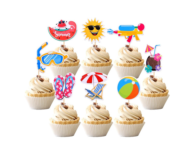 32 PCS Summer Beach Pool Cupcake Toppers Ball Sun Umbrella Diving Goggles Watermelon Water Gun Slippers Cupcake Picks Baby Shower Hawaii Beach Pool...