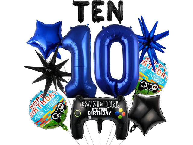 11pcs Video Game Themed Party Decorations, Number 10th Boys Birthday Party Supplies, Navy Blue Video Game Controller Mylar Foil Balloon, Video Game...