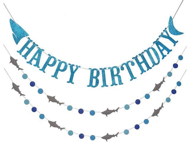 Shark Happy Birthday Banner and Shark Garlands, Ocean Beach Under The Sea Theme Party, Shark Party Supplies (Blue)
