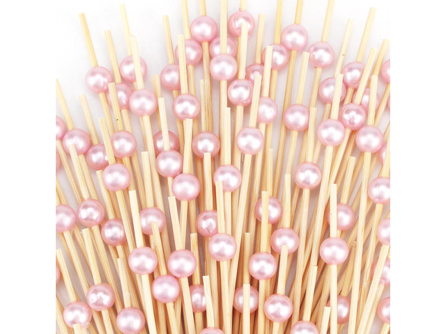 200 PCS Pink Cocktail Toothpicks for Appetizers, Natural Bamboo Coctail Skewers Sticks, Pearl Decorative Cocktail Tooth Picks for Drinks, Fruit,...