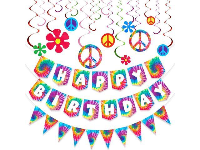 Tenare 15 Pieces Tie Dye Party Happy Birthday Banner Pennant Banner and 60's Hippie Theme Foil Swirl Decor for Tie Dye Party Art Classic 60s 70s.