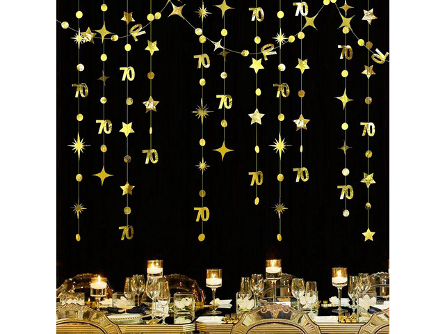 Gold 70th Birthday Decorations Number 70 Circle Dot Twinkle Star Garland Metallic Hanging Streamer Bunting Banner Backdrop for Women Mens 70 Year...