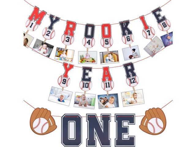 Geyee 2 Pcs 1st Monthly Photo Baseball Birthday Banner Rookie of the Year 1st Birthday Banner Year Picture One High Chair Sports Party Supplies...