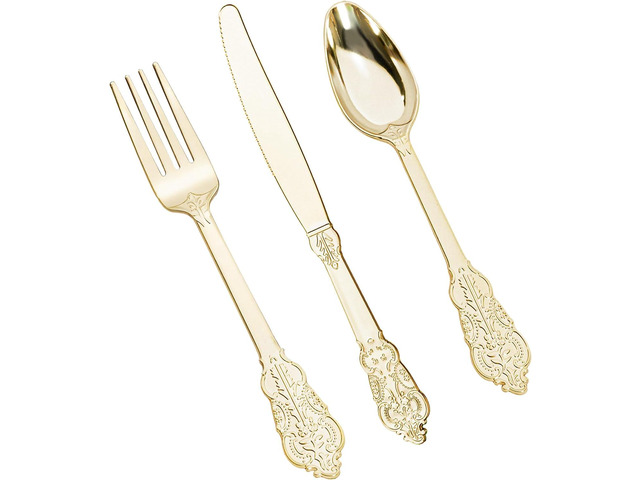 HOMIP 80PCS Gold Plastic Silverware Set Disposable Utensils - Include 30 Forks, 25 Knives, 25 Spoons - Heavy Duty Cutlery Set for Party Wedding and...