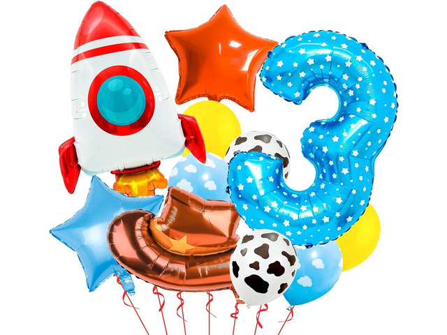 Toy Themed Number 3 Balloon, Happy Birthday Colorful Balloons With Rocket and Cowboy Hat, Rainbow for Kids Party (3)
