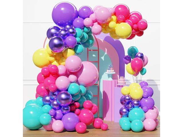 Pink Blue Purple Balloons Arch Kit, 129pcs Hot Pink Metallic Purple Teal Yellow Balloons with Different Size for Kids Fantasy Theme Birthday.