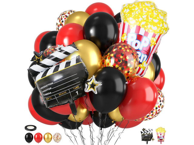 Movie Night Party Balloons, Red Black Gold Confetti Balloons with Film Clapboard and Pop Corn Foil Balloon for Boy Girl Movie Theme Party...