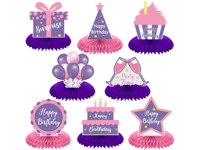Yexiya 8 Pcs Pink and Purple Birthday Centerpiece Table Decoration, Happy Birthday Honeycomb Centerpieces Honeycomb Table Toppers for Men Women...