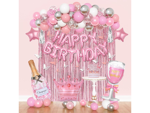 Amandir Pink Birthday Decorations for Women Girls, Silver Pink Confetti Foil Balloons Happy Birthday Banner Butterfly Fringe Curtains Cake Topper...