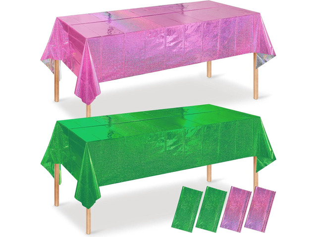 4 Pcs Iridescent Pink and Green Tablecloth Party Decorations, Holographic Foil Plastic Table Cloths for Rectangle Tables, Disposable Green and Pink...