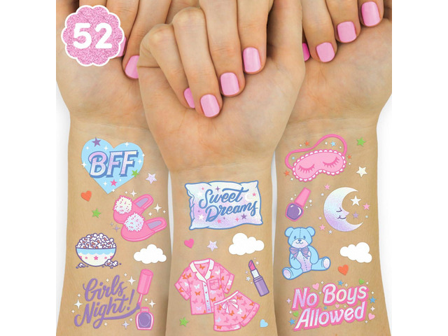 xo, Fetti Pink Sleepover Party Temporary Tattoos for Girls - 52 styles Pink Birthday Party Supplies, Girls Movie Night Goodie Bag Favors, Cute...