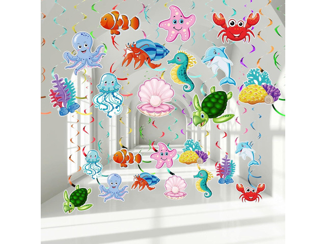 30 Pcs Sea Animals Hanging Swirls Under The Sea Birthday Party Decor Tropical Fish Ceiling Decor Ocean Creature Themed Swirls Streamers for Mermaid...