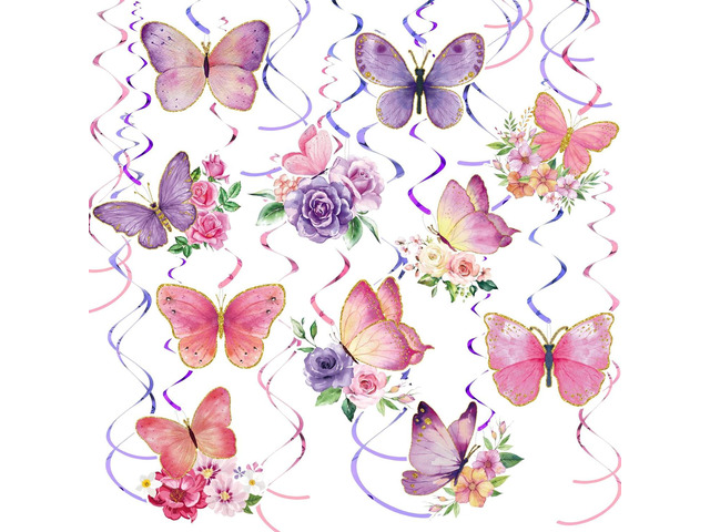 Pajean 30 Pieces Butterfly Party Decorations Watercolor Purple Butterfly Hanging Swirls Decorations Summer Themed Swirls Garland for Baby Girl...