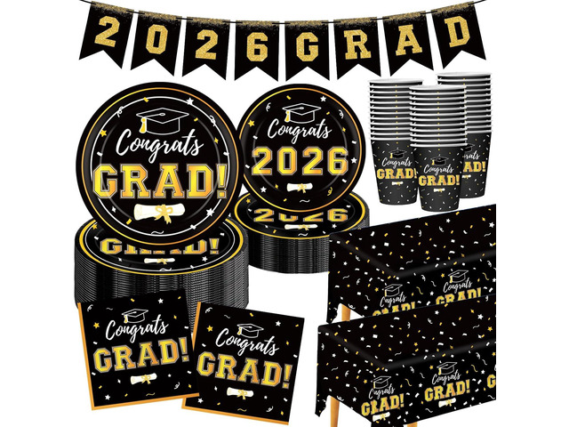 Graduation Decorations 2026 Disposable Black Graduation Tableware Kit for 25 Guests Plates Napkins Cups Tablecloth Hanging Graduation Party...