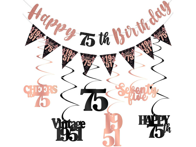 75th Birthday Decorations for Women, Black Rose Gold Happy 75th Birthday Banner Hanging Swirls Vintage 1951 Decorations Kit Cheers to 75 Party...