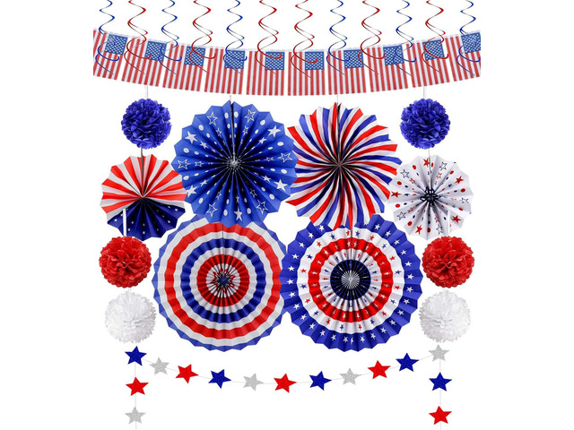 26Pcs 4th of July Decorations Patriotic Decor USA Flag String Red White Blue Paper Fans Star Streamer Pom Poms Hanging Swirls for Memorial...