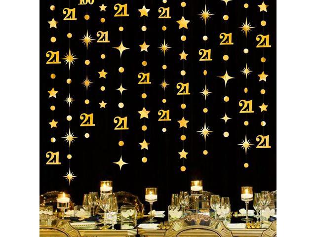 Gold 21st Birthday Decorations Number 21 Circle Dot Twinkle Star Garland Metallic Hanging Streamer Banner Backdrop for Girls Boys Cheers to 21.