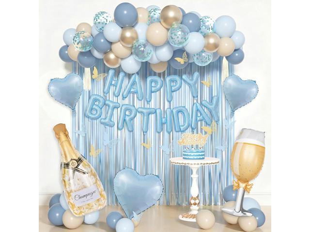 Amandir Blue Birthday Decorations for Women, Light Dusty Blue White Sand Metallic Gold Confetti Foil Balloons Happy Birthday Banner Butterfly.