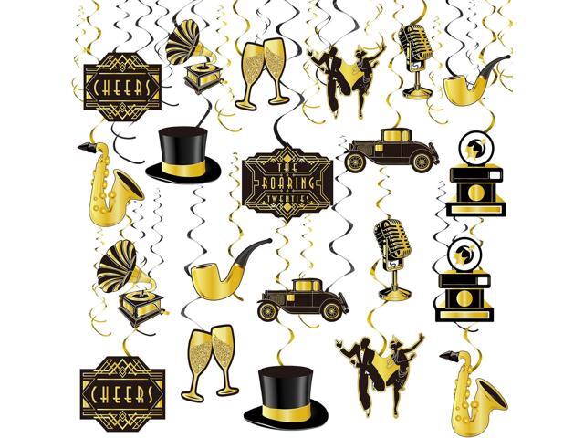 Containlol 30 Pieces Roaring 20s Swirls Party Decorations, Black Gold Hanging Spirals Streamer Speakeasy Retro Decor for Anniversary Birthday 1920s.