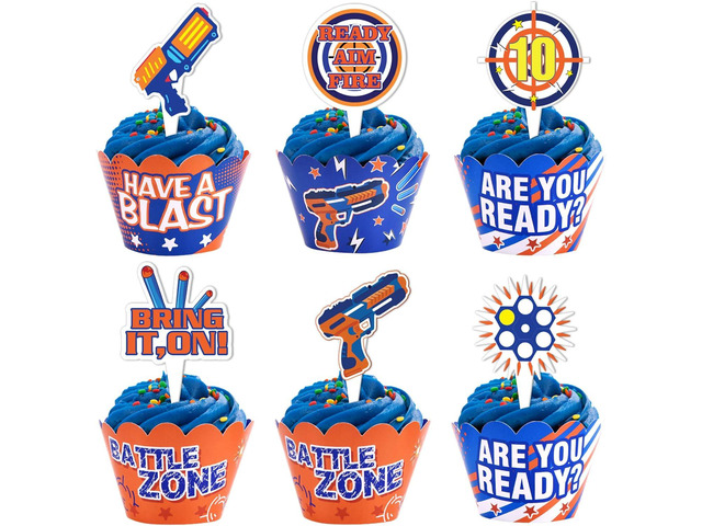 Dart War Party Cupcake Toppers Wrappers Kids Birthday Gun Picks Target Bullet Dart War Party Supplies Decoration -48 Piece