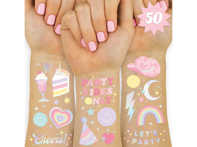 xo, Fetti Pastel Rainbow Temporary Tattoos - 50 Iridescent Foil Styles Preppy Birthday Party Supplies, Smiley Party Favors, Party Vibes Only