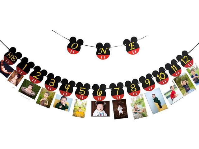 CHuangQi Mouse Themed Birthday Party Photo Banner & ONE High Chair Banner, NB to 12 Month Photo Banner, 1st Birthday Supplies, Baby Shower Decoration