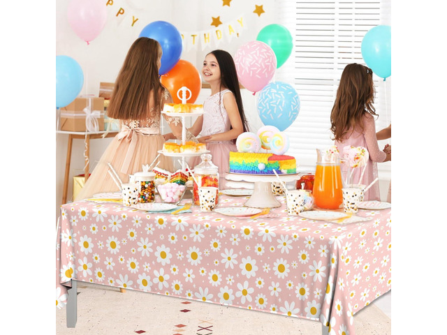 3Pack Tablecloth, Groovy Daisy Table Cover Pink Flower Birthday Party Decoration, Plastic Retro Hippie Boho Daisy Party Table Cloths for Girl...