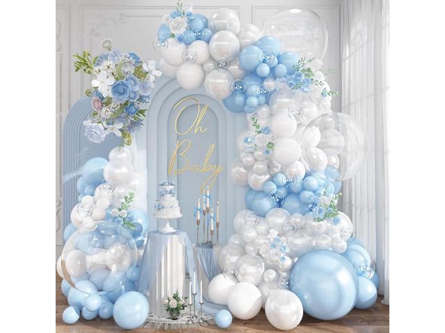 Pastel Blue White Balloons Garland Arch Kit, 104PCS Double Stuffed Pearl White Balloons, Light Baby Blue Clear Balloon for Bridal Shower Baby...