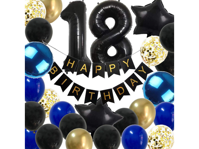 18th Birthday Decorations Boys - Royal blue Gold Happy 18 Birthday Balloons Party Supplies For men Him with Black Banner (18th blue)