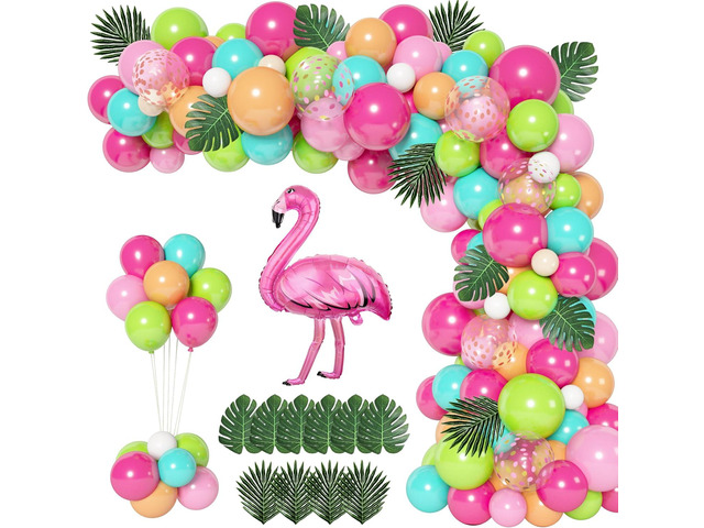 124Pcs Tropical Balloons Arch Garland Kit, Green Hot Pink Rose Gold Confetti Balloons Palm Leaves for Tropical Hawaiian Aloha Luau Flamingo...