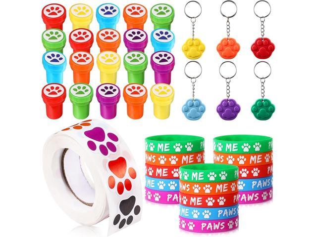 Skylety 58 Pcs Dog Paw Print Party Favors Set, Paw Print Stamps Rubber Silicone Bracelets Sticker Keychain, Puppy Birthday Party Favors Patrol.
