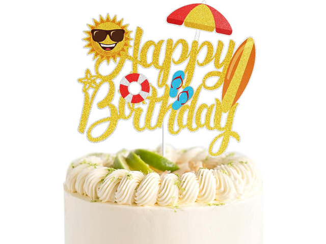 LINGBOOM Summer Beach Happy Birthday Cake Topper Gold Glitter for Summer Pool Swimming Surfing Party Decoration Holiday Birthday Party Favor Supplies