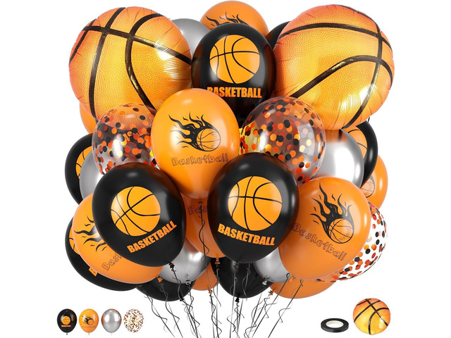 Basketball Balloons, Orange Black Metallic Silver Confetti Balloons with Basketball Foil Balloon for Boy Birthday Sport Party Graduation Baby...